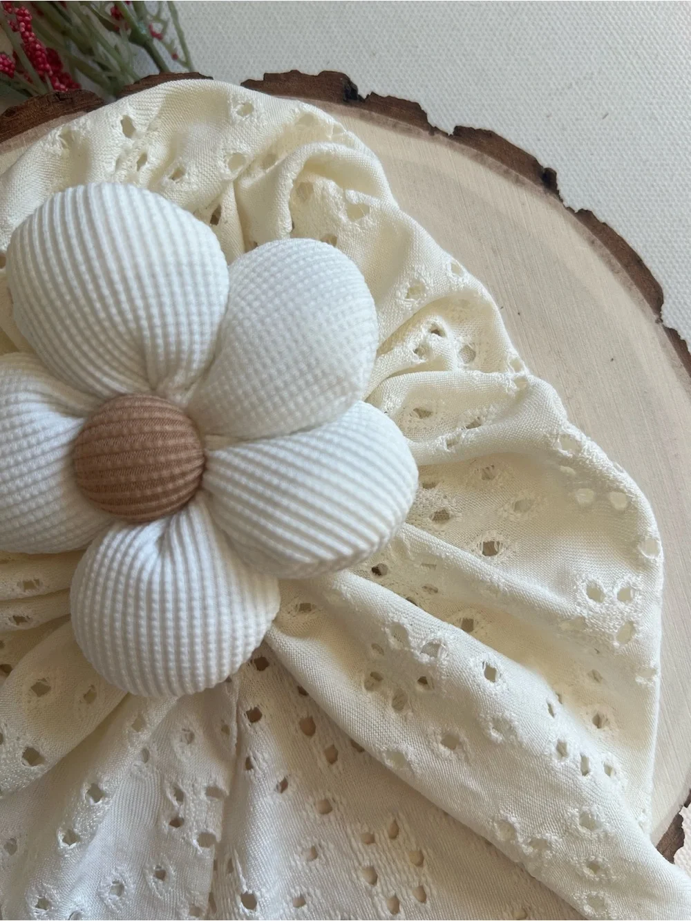 Handmade White Eyelet Lace Baby Turban Hat with Textured Flower NWT